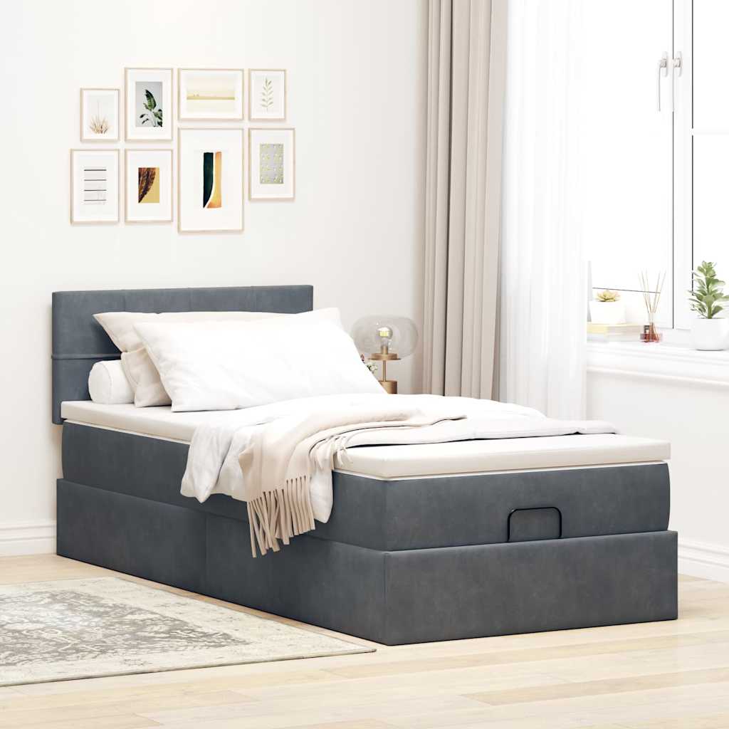 Lit ottoman avec matelas et LED gris foncé 90x200 cm velours