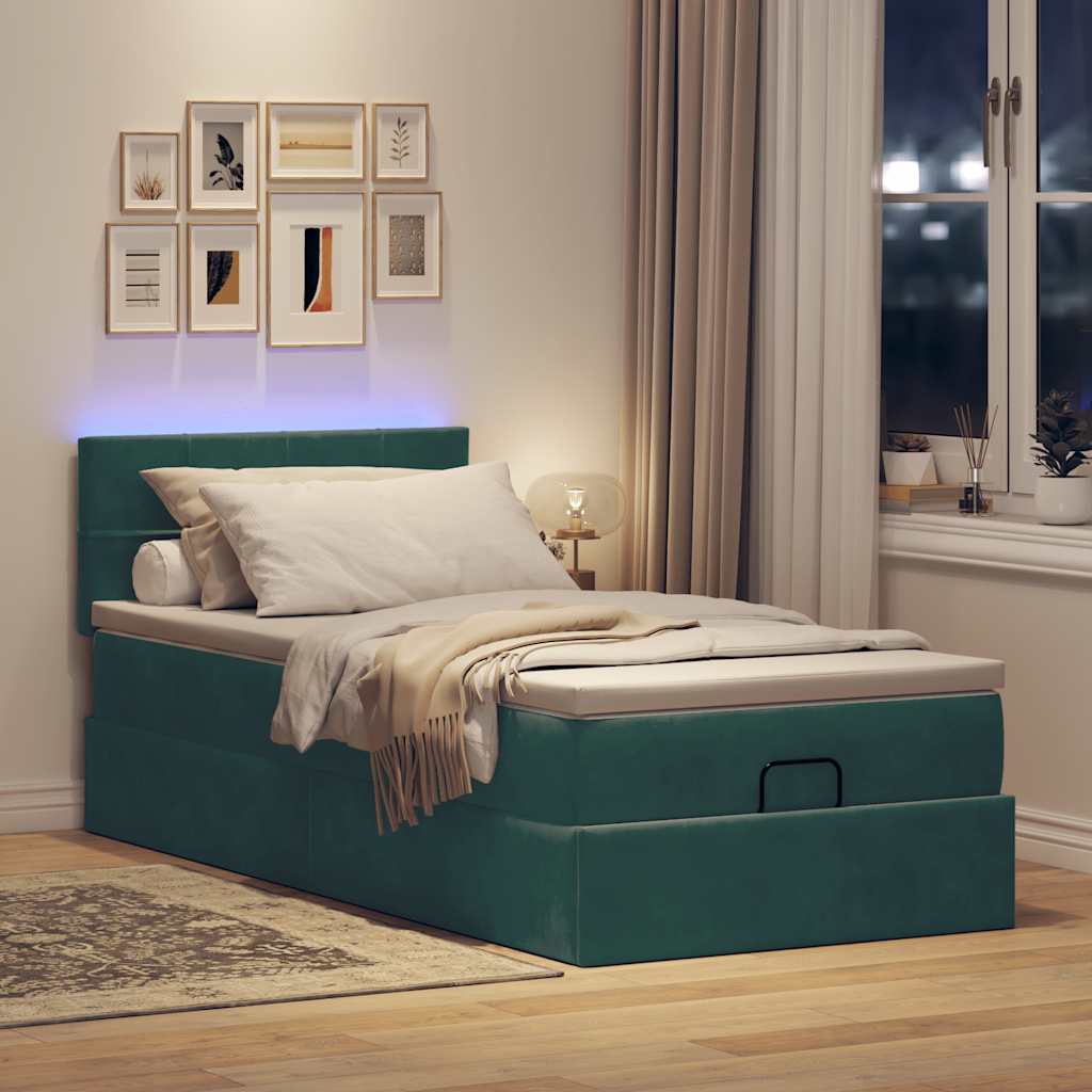 Lit ottoman avec matelas et LED vert foncé 90x200 cm velours