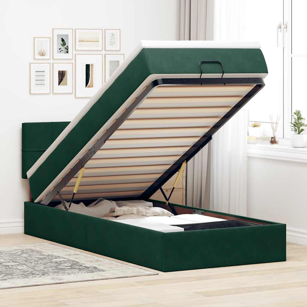 Ottomane Bett mit Matratze & LEDs Dunkelgrün 90x200 cm Samt