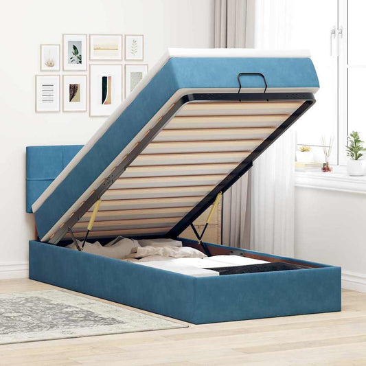 Lit ottoman avec matelas et LED bleu foncé 90x200 cm velours