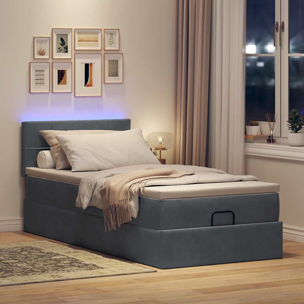 Lit ottoman avec matelas et LED gris foncé 100x200 cm velours