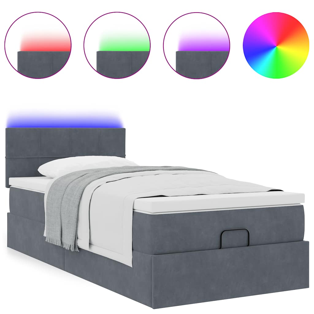Lit ottoman avec matelas et LED gris foncé 100x200 cm velours