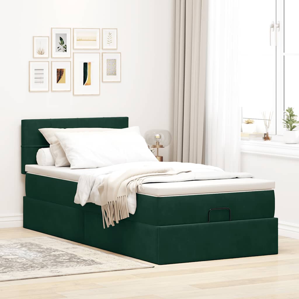 Ottoman-Bett mit Matratze & LEDs Dunkelgrün 100x200 cm Samt