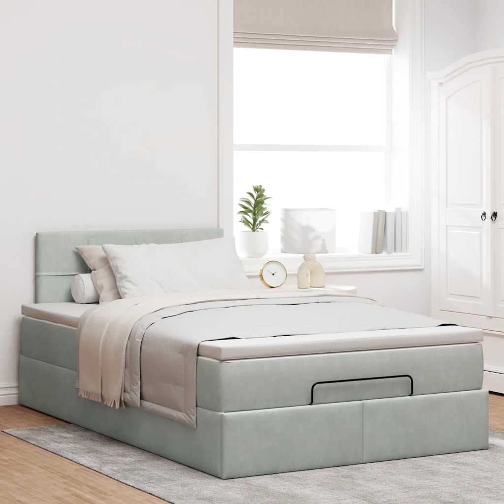 Ottomane Bett mit Matratze & LEDs Hellgrau 120x190 cm Samt