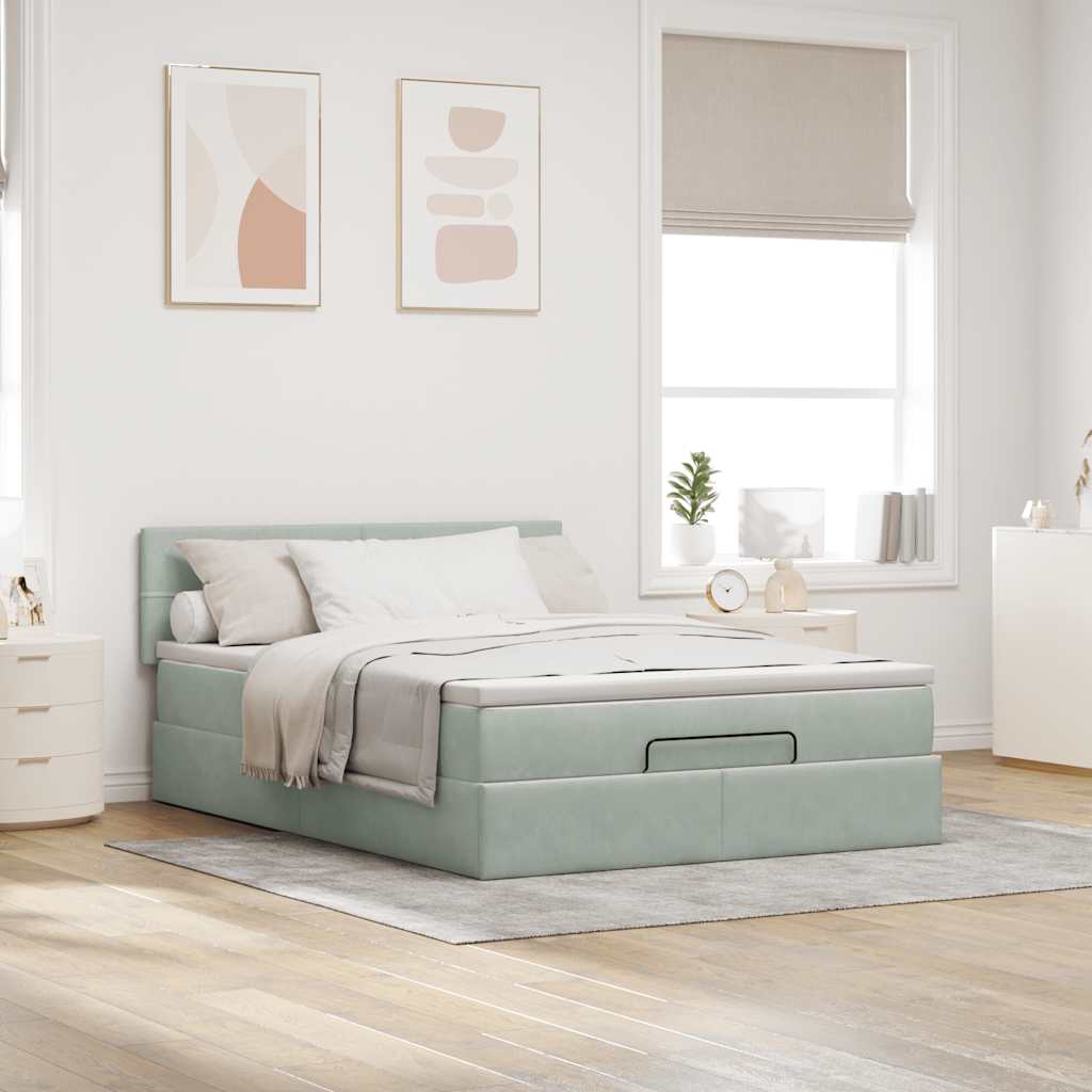 Ottoman-Bett mit Matratze & LEDs Hellgrau 140x190 cm Samt