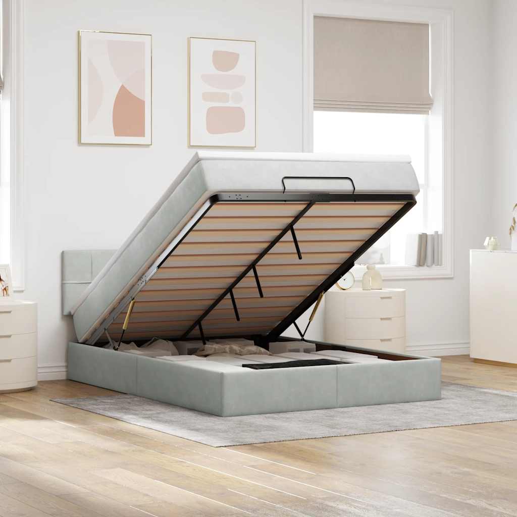 Ottoman-Bett mit Matratze & LEDs Hellgrau 140x190 cm Samt