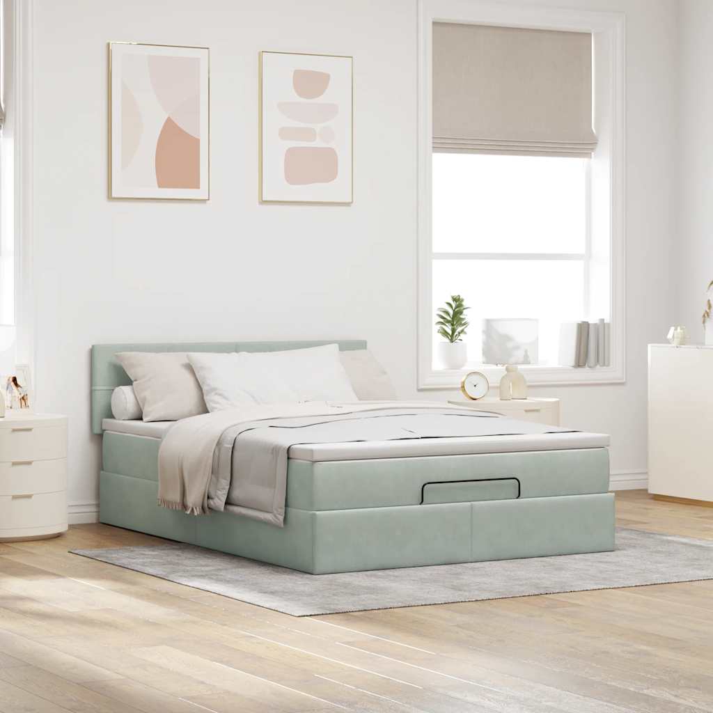 Ottoman-Bett mit Matratze & LEDs Hellgrau 140x200 cm Samt