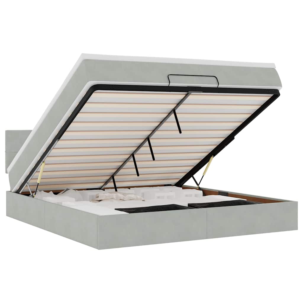 Ottoman-Bett mit Matratze & LEDs Hellgrau 180x200 cm Samt