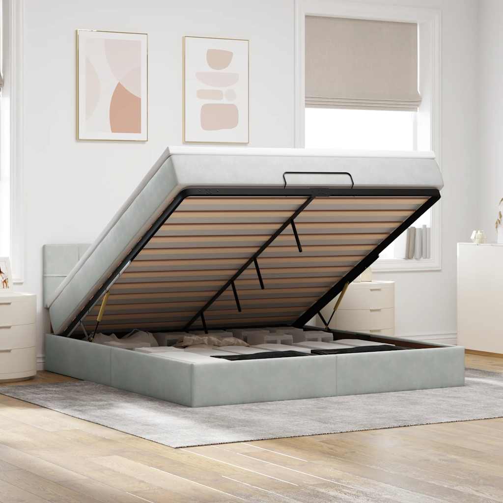 Ottoman-Bett mit Matratze & LEDs Hellgrau 180x200 cm Samt