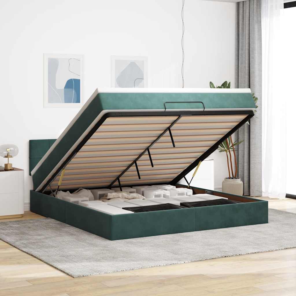 Lit ottoman avec matelas et LED vert foncé 180x200 cm velours
