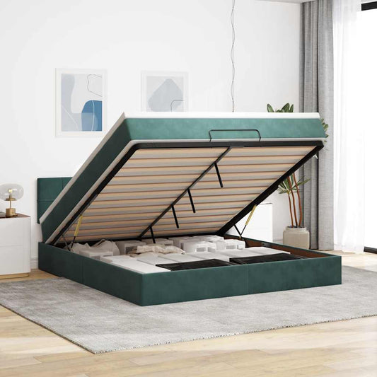 Lit ottoman avec matelas et LED vert foncé 180x200 cm velours