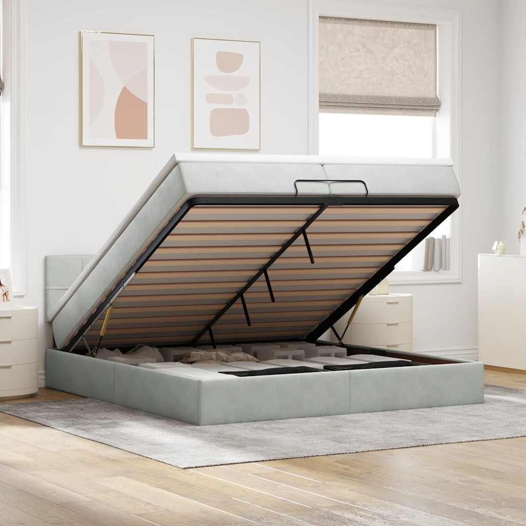 Ottoman-Bett mit Matratzen & LEDs Hellgrau 200x200 cm Samt