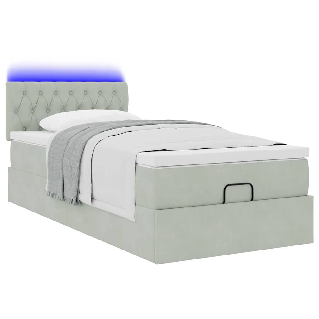 Ottoman-Bett mit Matratze & LEDs Hellgrau 90x190 cm Samt
