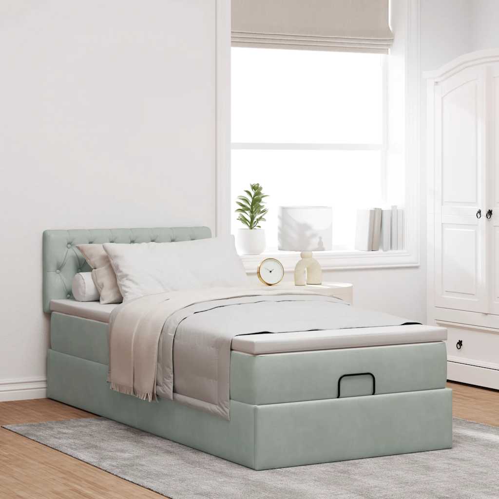 Ottoman-Bett mit Matratze & LEDs Hellgrau 90x190 cm Samt