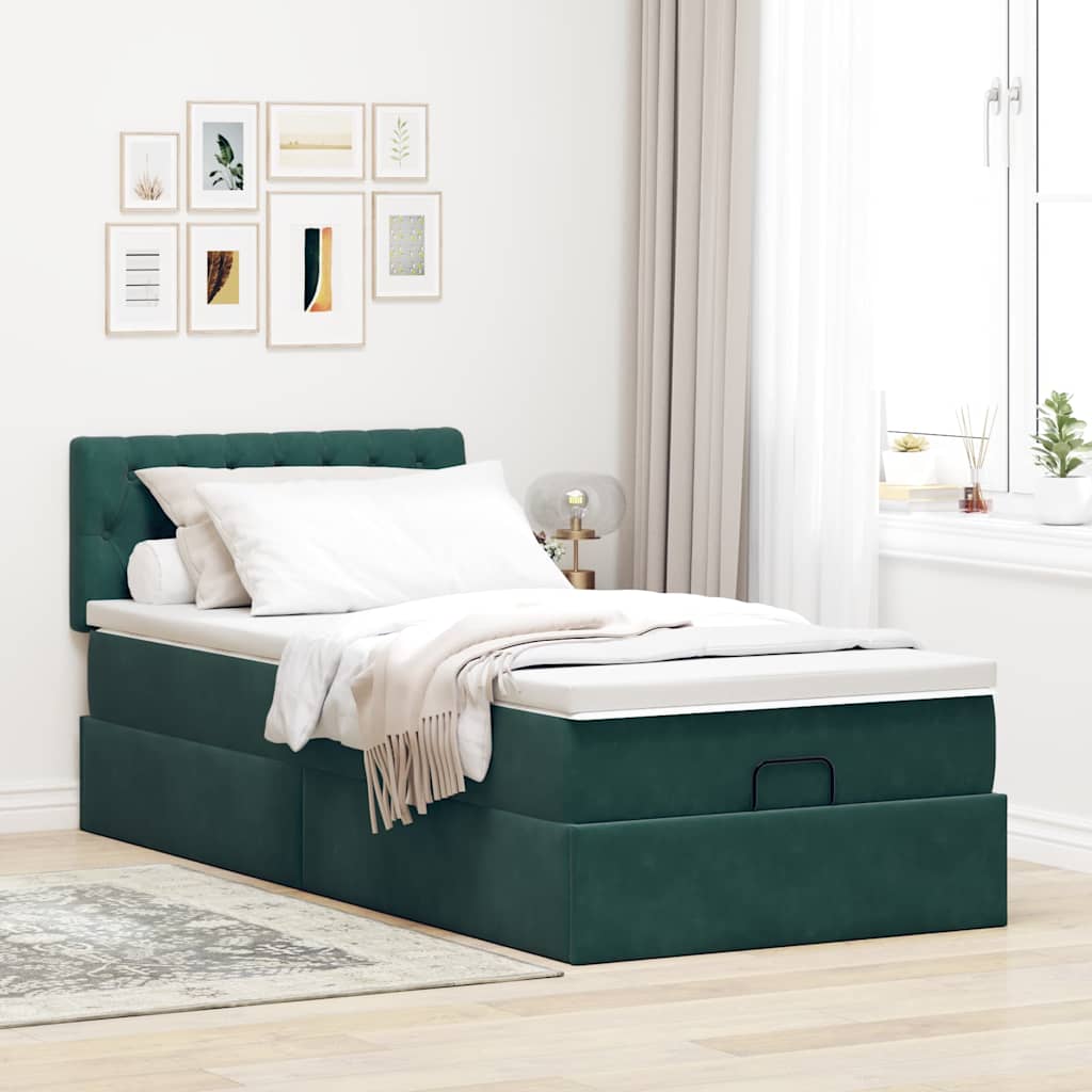 Lit ottoman avec matelas et LED vert foncé 90x200 cm velours