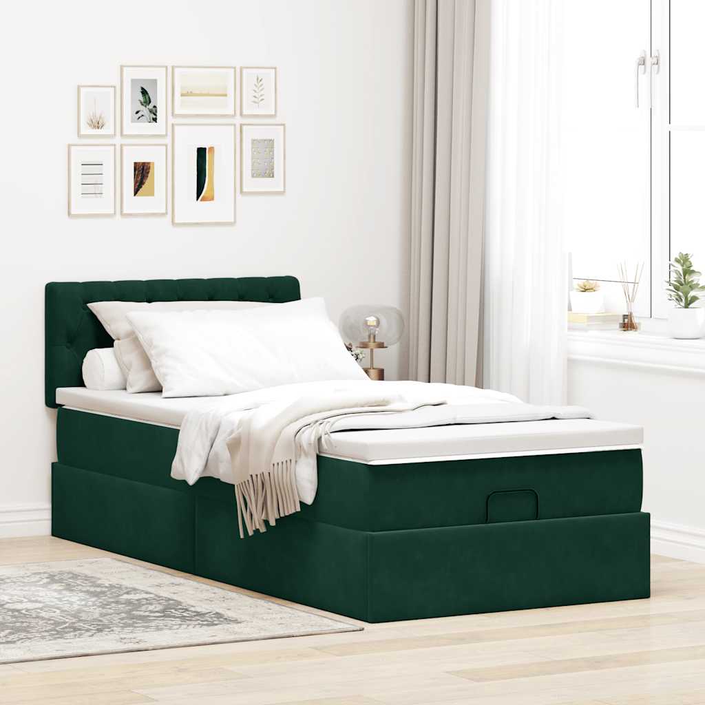 Ottomane Bett mit Matratze & LEDs Dunkelgrün 90x200 cm Samt