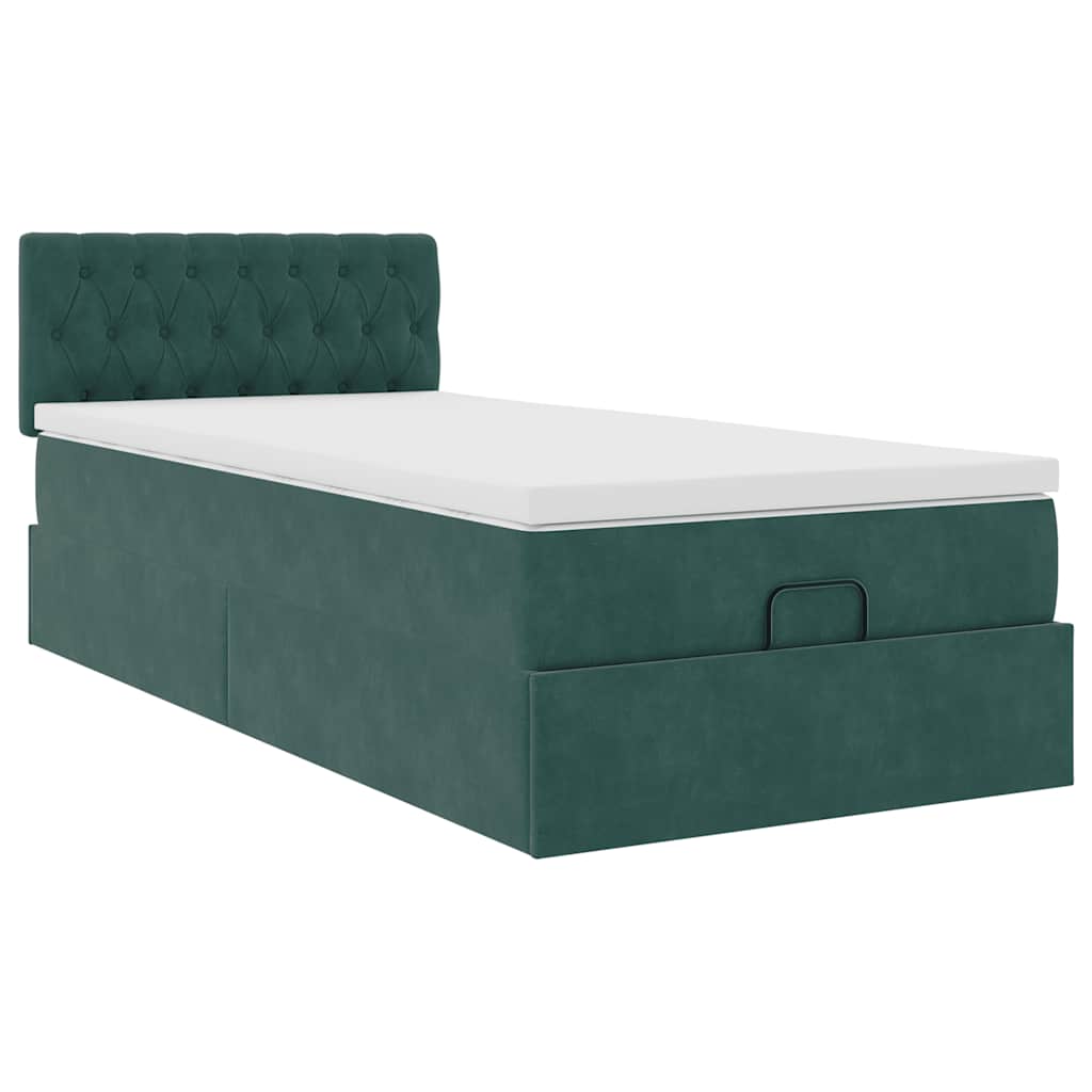 Lit ottoman avec matelas et LED vert foncé 90x200 cm velours