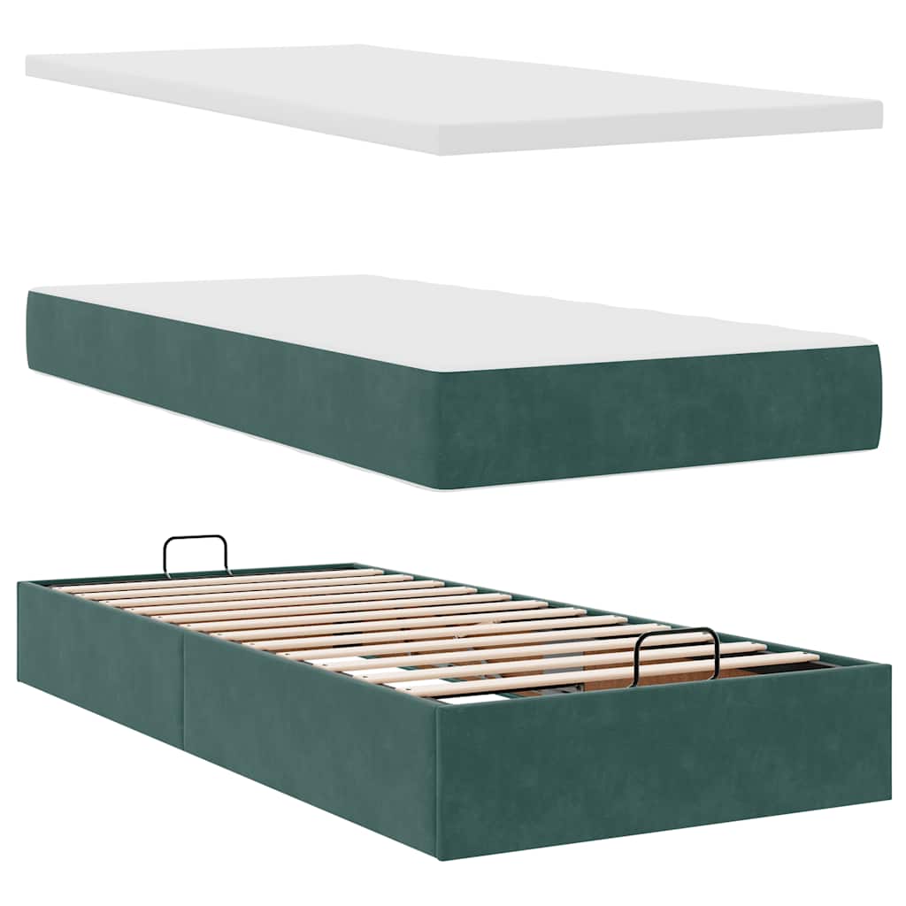 Lit ottoman avec matelas et LED vert foncé 90x200 cm velours