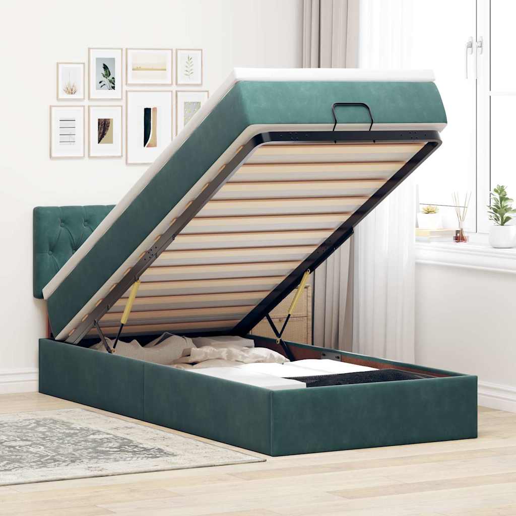 Lit ottoman avec matelas et LED vert foncé 90x200 cm velours
