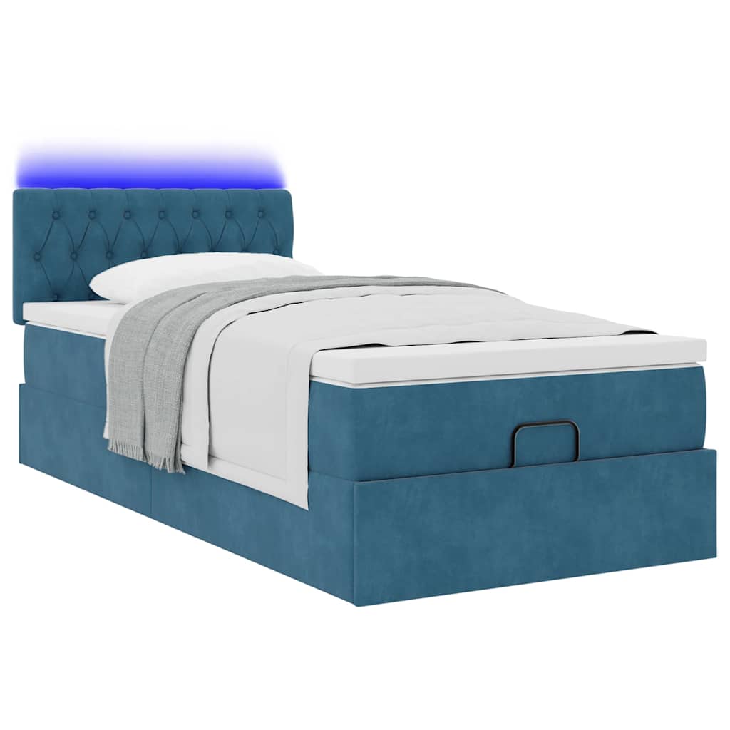 Lit ottoman avec matelas et LED bleu foncé 90x200 cm velours