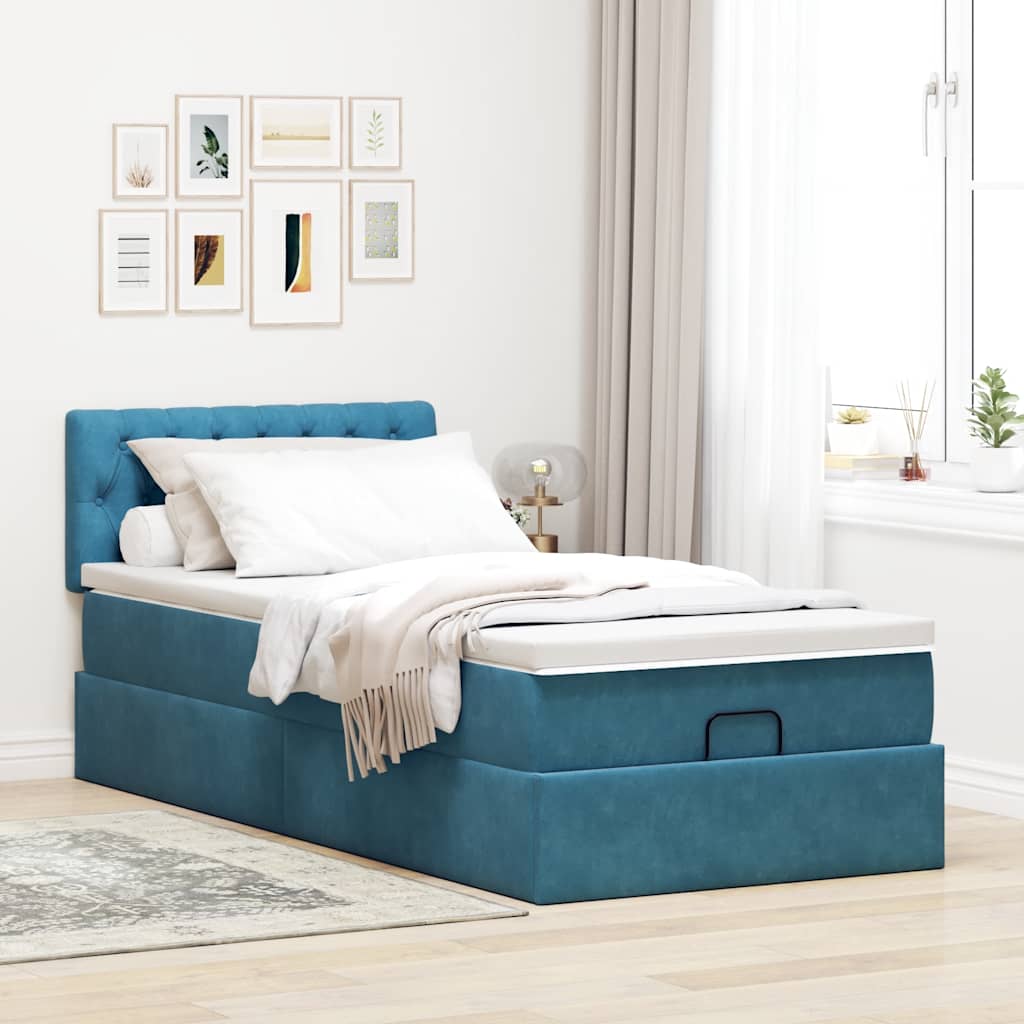 Lit ottoman avec matelas et LED bleu foncé 90x200 cm velours