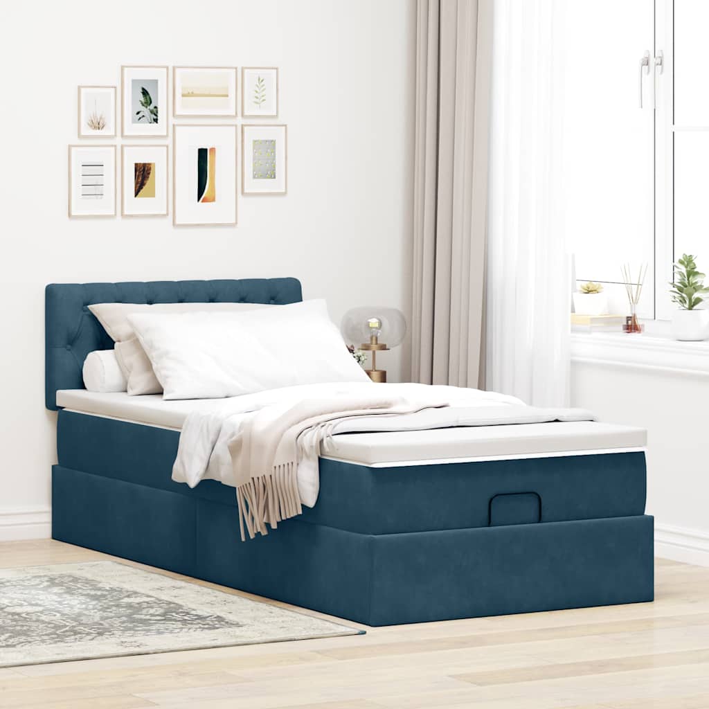Ottoman-Bett mit Matratze & LEDs Dunkelblau 90x200 cm Samt