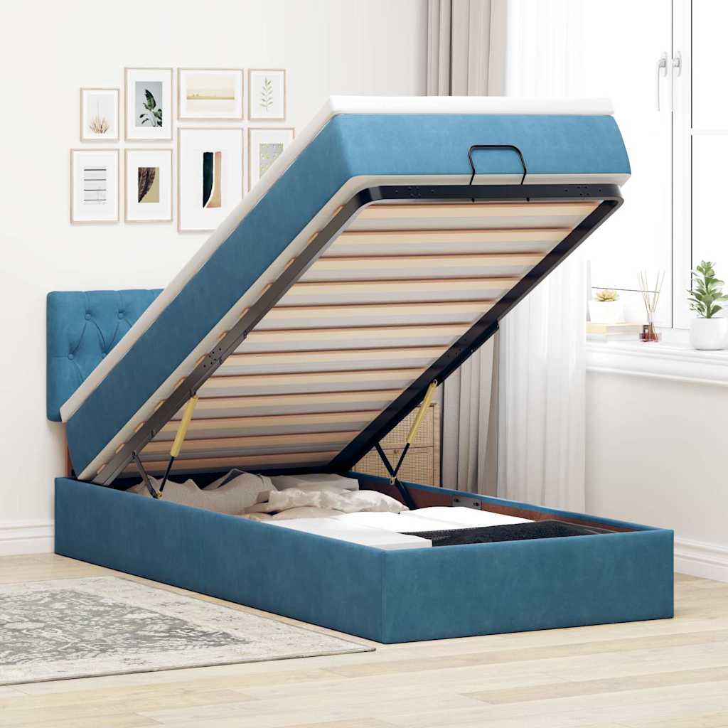 Lit ottoman avec matelas et LED bleu foncé 90x200 cm velours