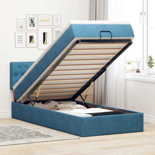 Lit ottoman avec matelas et LED bleu foncé 90x200 cm velours