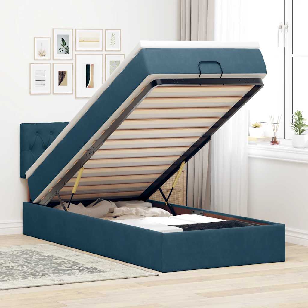 Ottoman-Bett mit Matratze & LEDs Dunkelblau 90x200 cm Samt