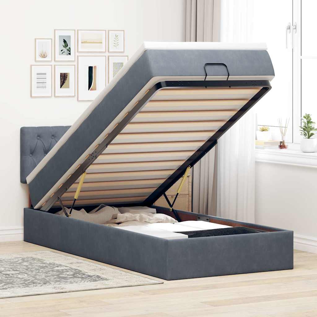 Lit ottoman avec matelas et LED gris foncé 100x200 cm velours