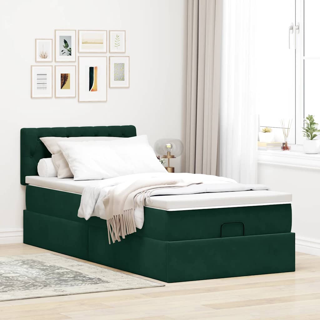 Ottoman-Bett mit Matratze & LEDs Dunkelgrün 100x200 cm Samt