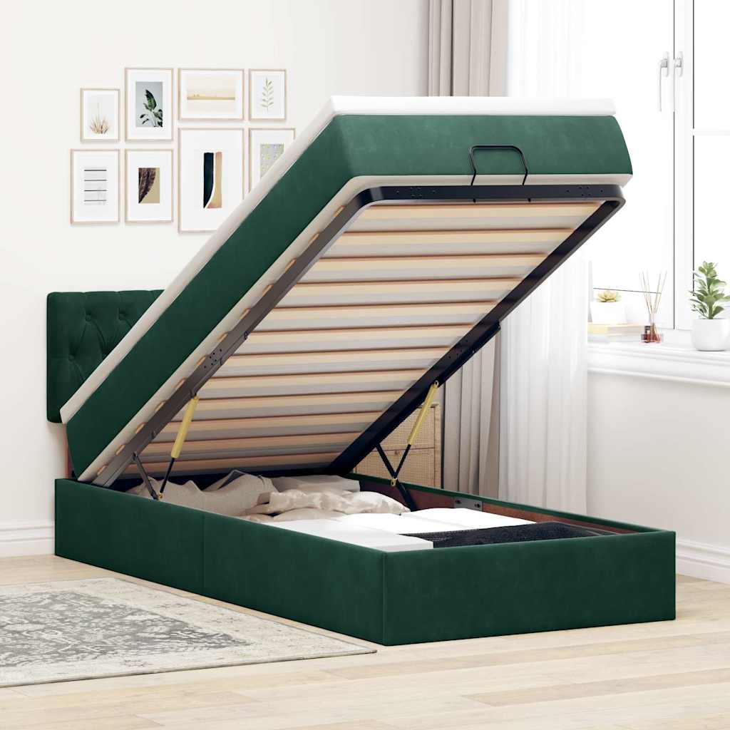 Ottoman-Bett mit Matratze & LEDs Dunkelgrün 100x200 cm Samt
