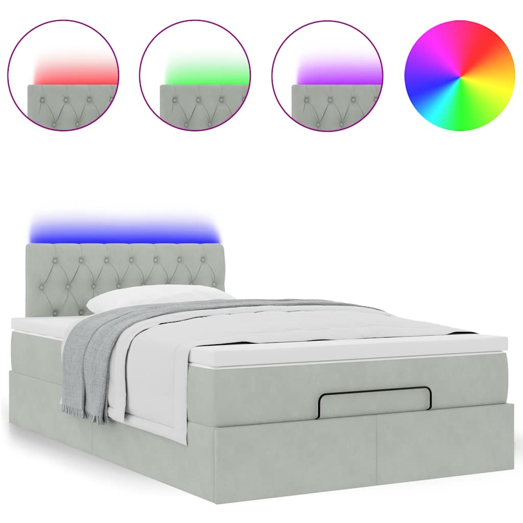 Ottomane Bett mit Matratze & LEDs Hellgrau 120x190 cm Samt