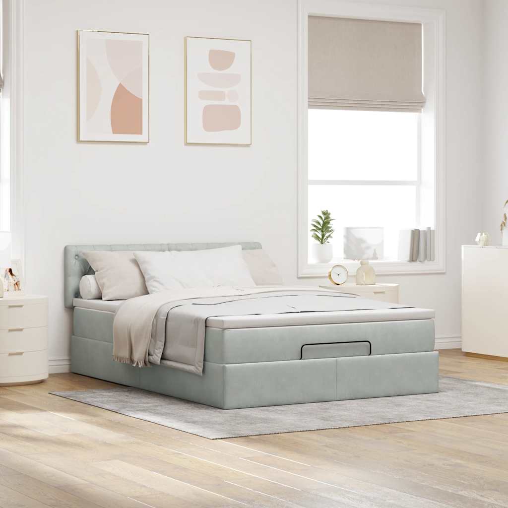 Ottoman-Bett mit Matratze & LEDs Hellgrau 140x200 cm Samt