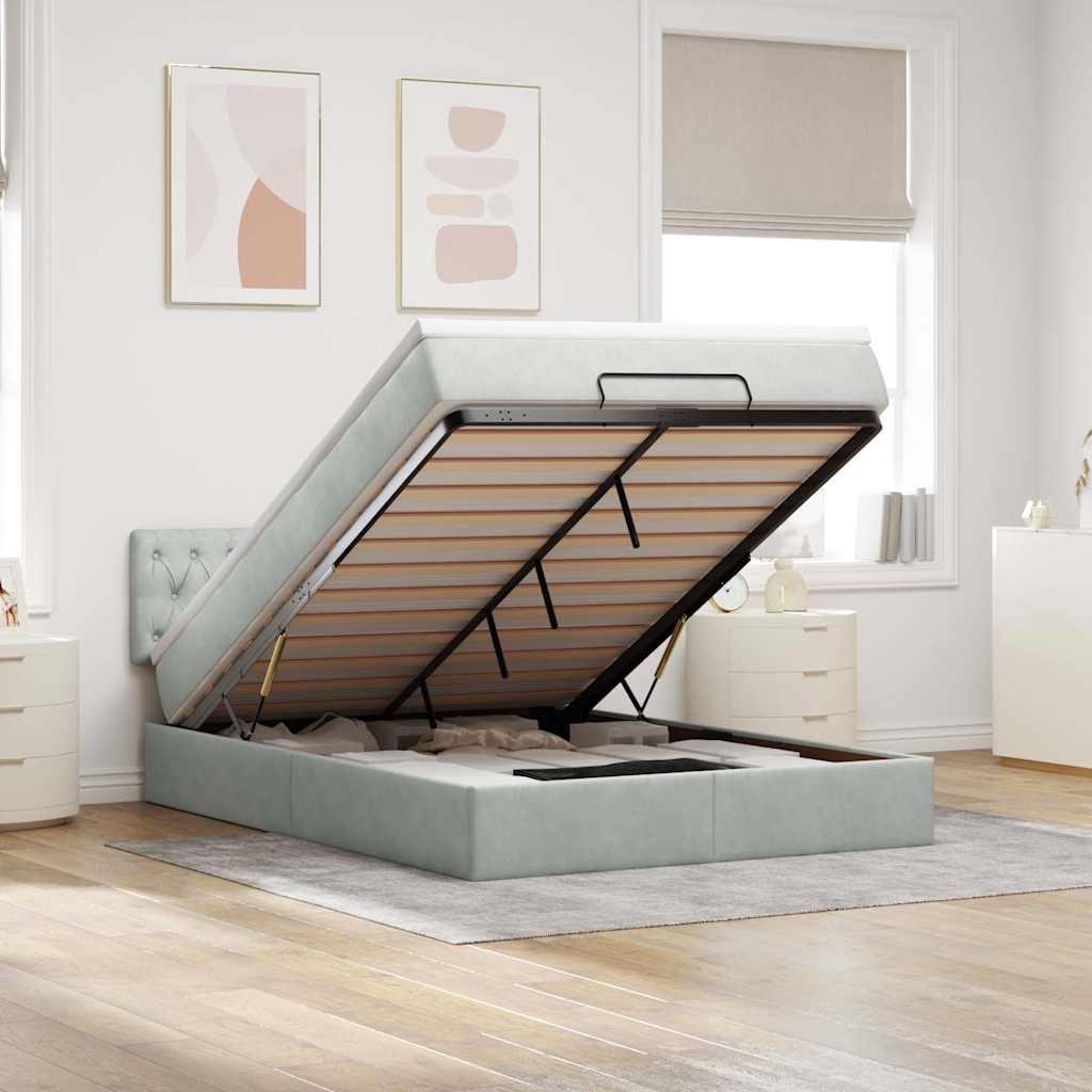 Ottoman-Bett mit Matratze & LEDs Hellgrau 140x200 cm Samt