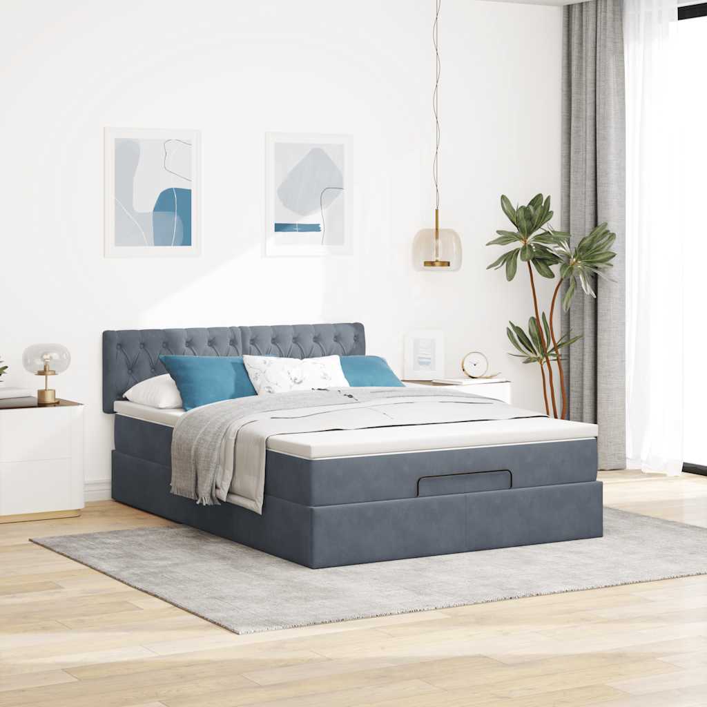 Lit ottoman avec matelas et LED gris foncé 140x200 cm velours