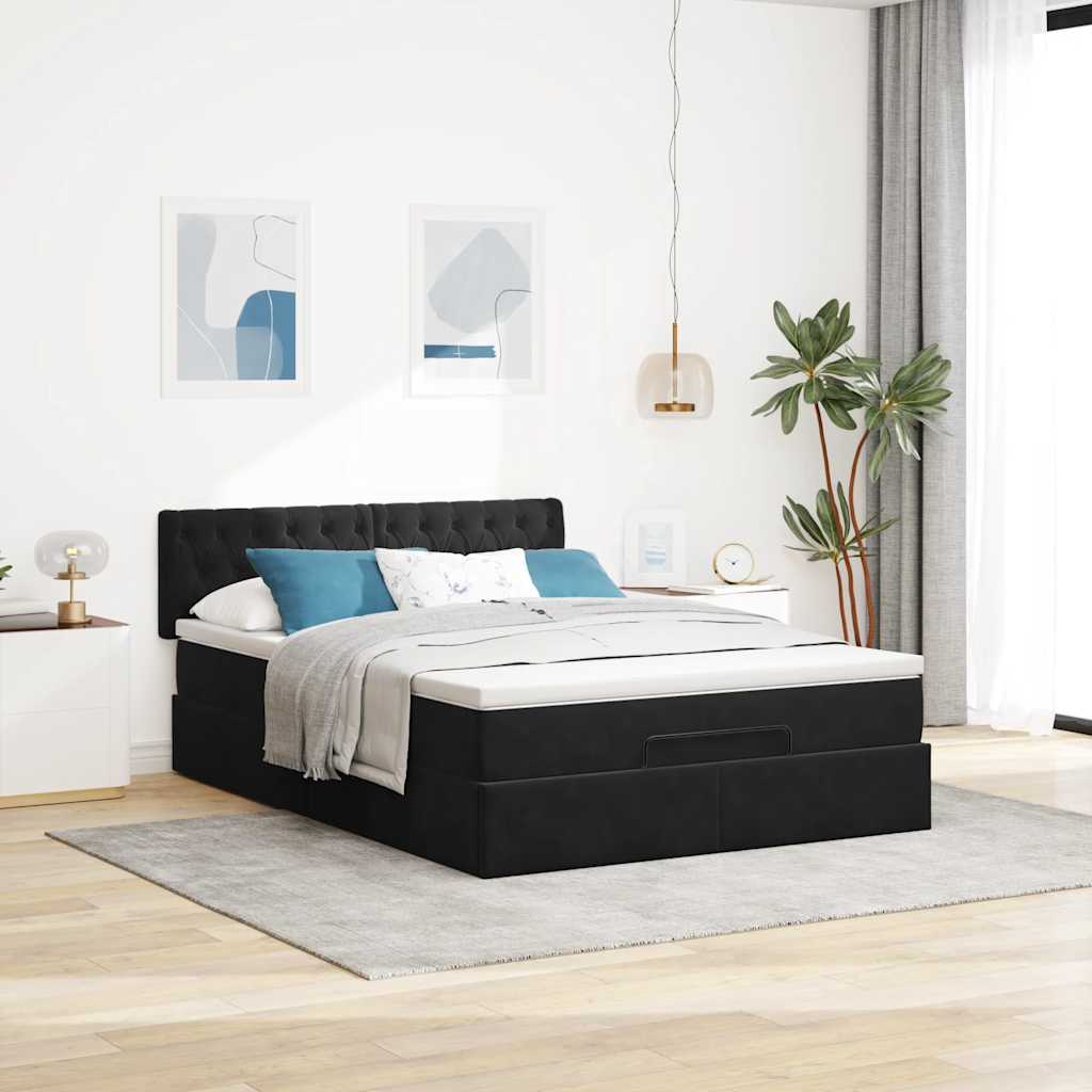Ottoman-Bett mit Matratze & LEDs Schwarz 140x200 cm Samt