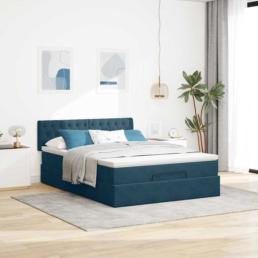 Ottoman-Bett mit Matratze & LEDs Dunkelblau 140x200 cm Samt
