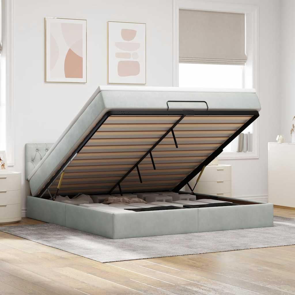 Ottoman-Bett mit Matratze & LEDs Hellgrau 160x200 cm Samt
