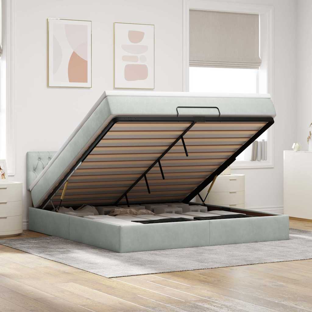 Ottoman-Bett mit Matratze & LEDs Hellgrau 180x200 cm Samt