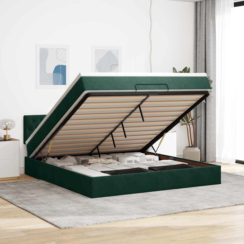 Ottoman-Bett mit Matratze & LEDs Dunkelgrün 180x200 cm Samt