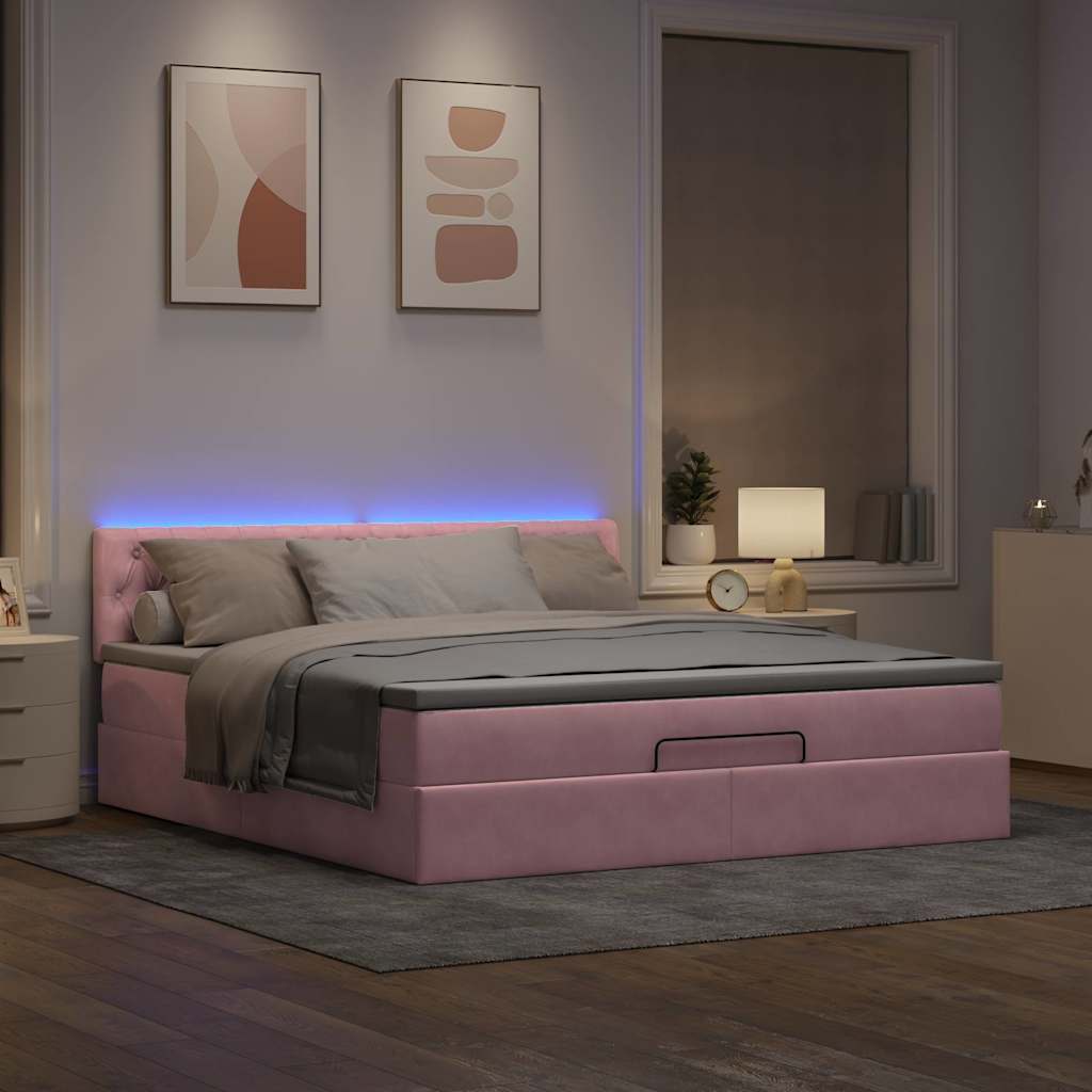 Ottomane Bett mit Matratze & LEDs Rosa 180x200 cm Samt