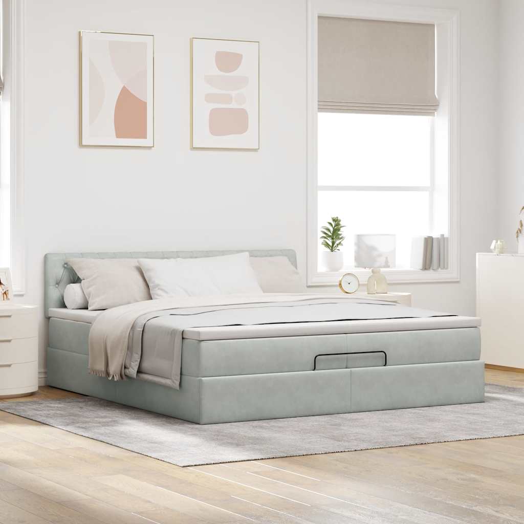 Ottoman-Bett mit Matratzen & LEDs Hellgrau 200x200 cm Samt