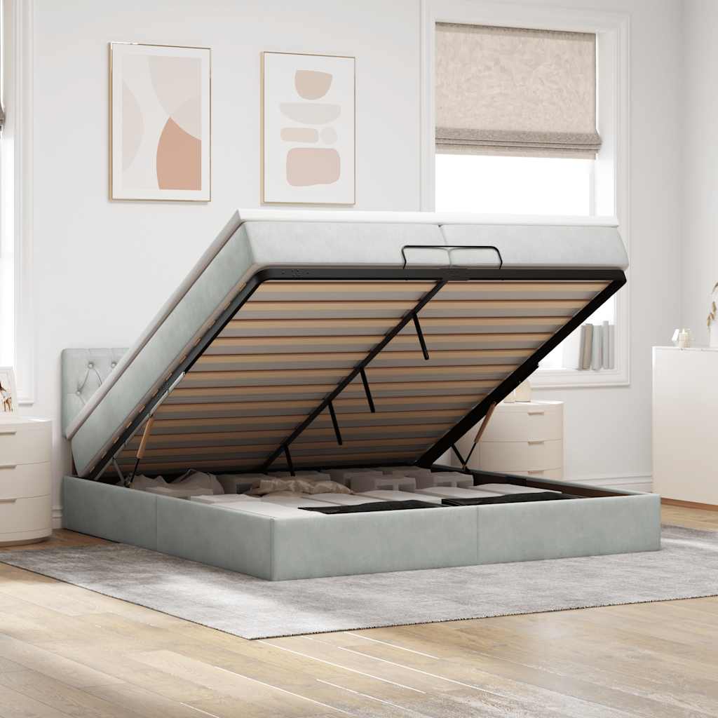 Ottoman-Bett mit Matratzen & LEDs Hellgrau 200x200 cm Samt