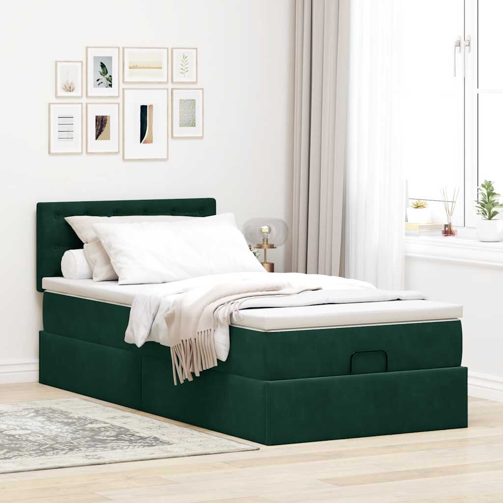 Ottoman-Bett mit Matratze & LEDs Dunkelgrün 90x190 cm Samt