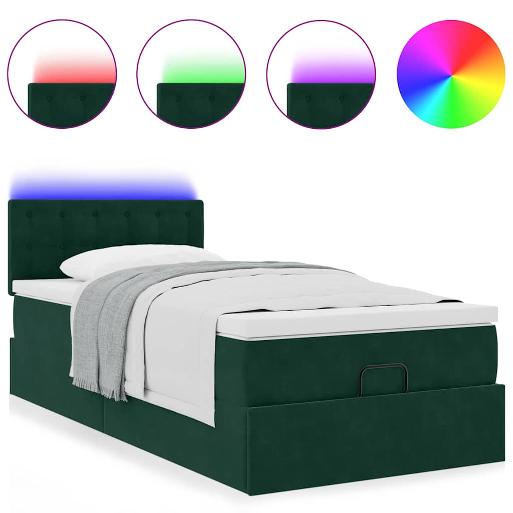 Ottoman-Bett mit Matratze & LEDs Dunkelgrün 90x190 cm Samt