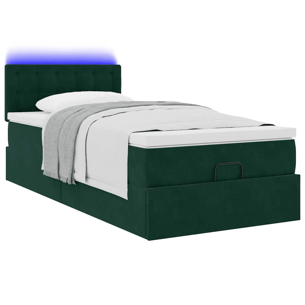 Ottoman-Bett mit Matratze & LEDs Dunkelgrün 90x190 cm Samt