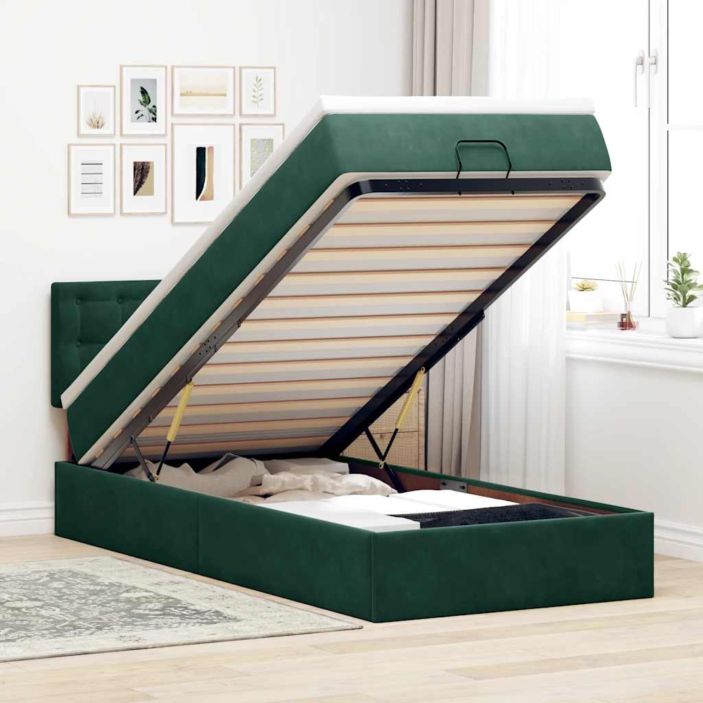 Ottoman-Bett mit Matratze & LEDs Dunkelgrün 90x190 cm Samt