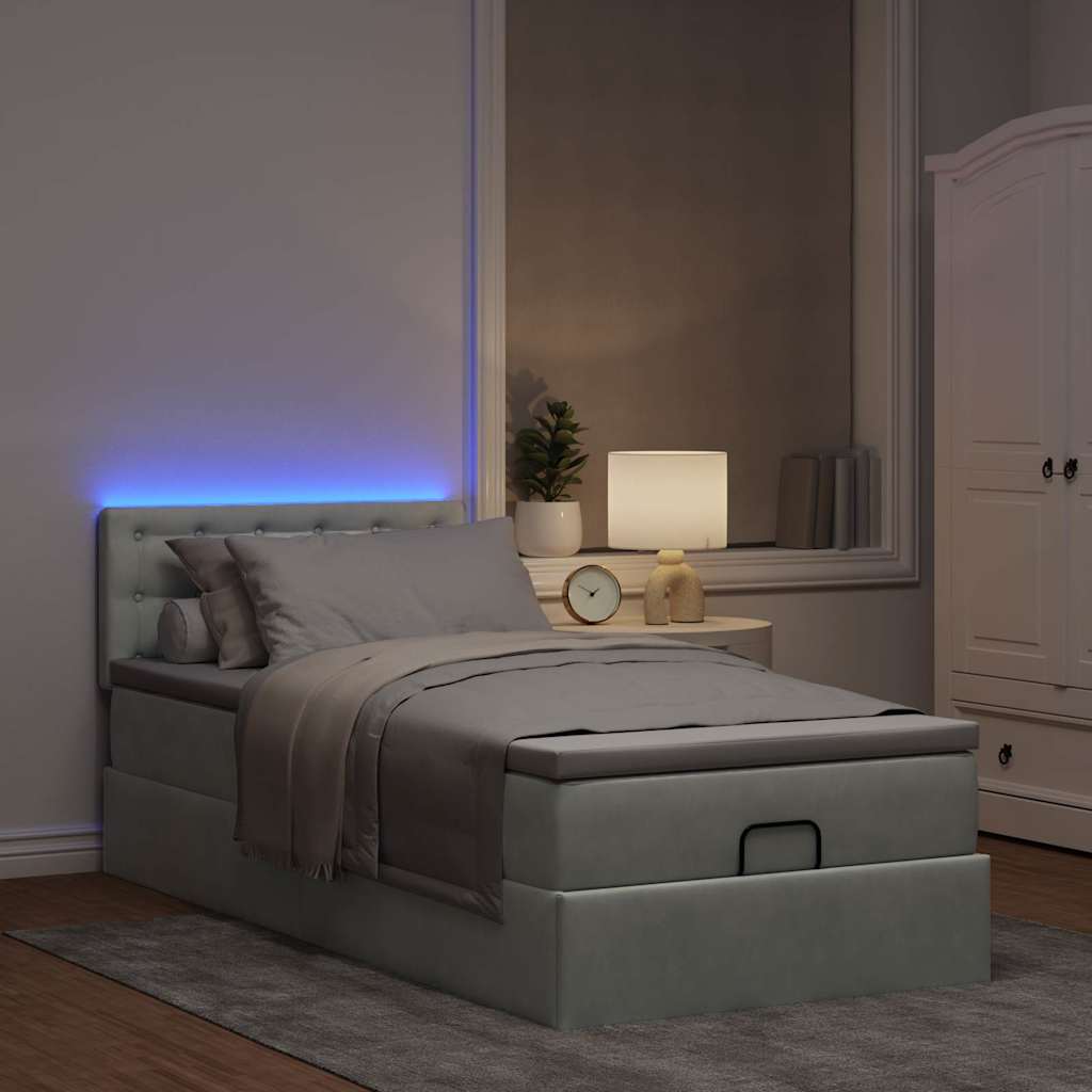 Lit ottoman avec matelas et LED gris clair 90x200 cm velours