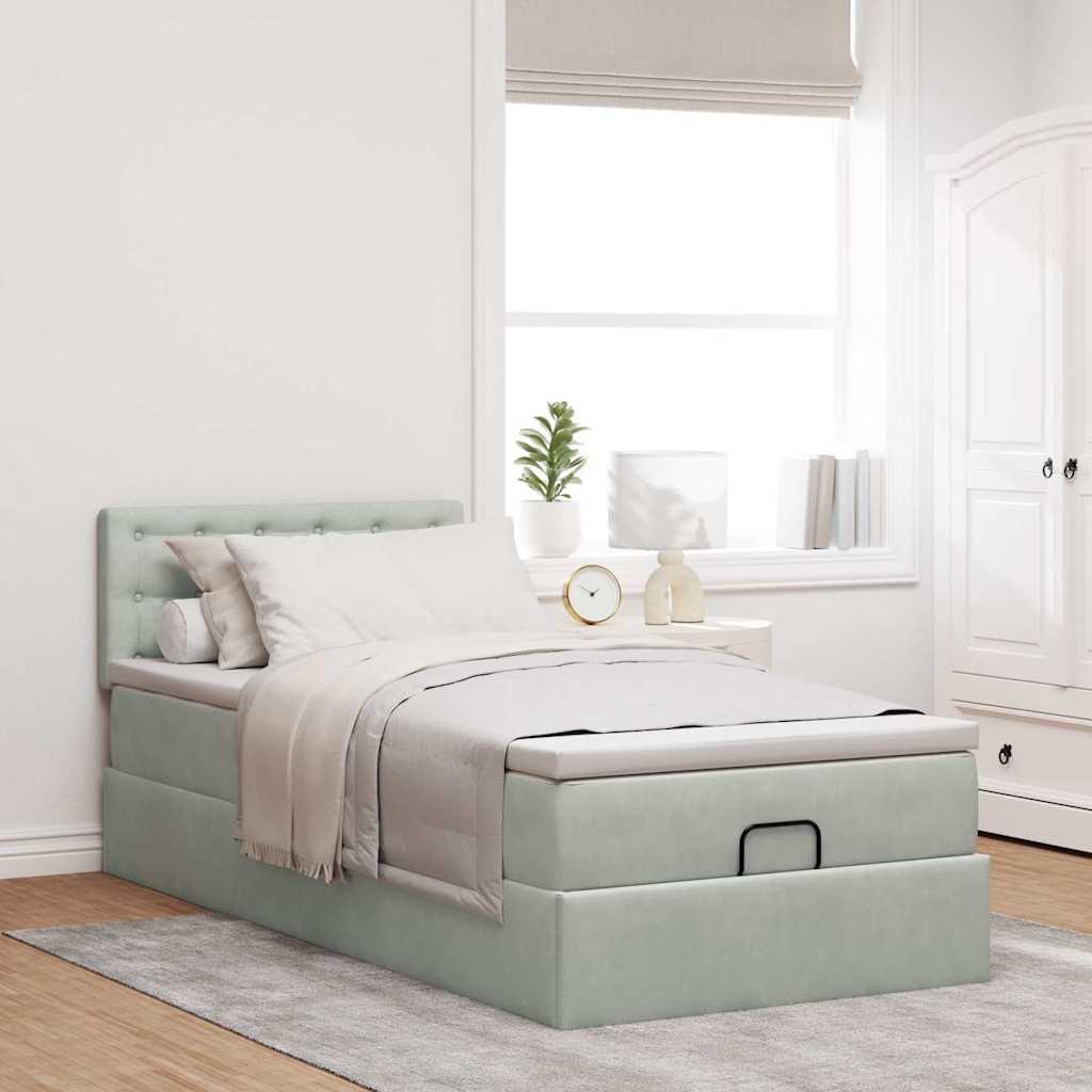 Ottoman-Bett mit Matratze & LEDs Hellgrau 90x200 cm Samt